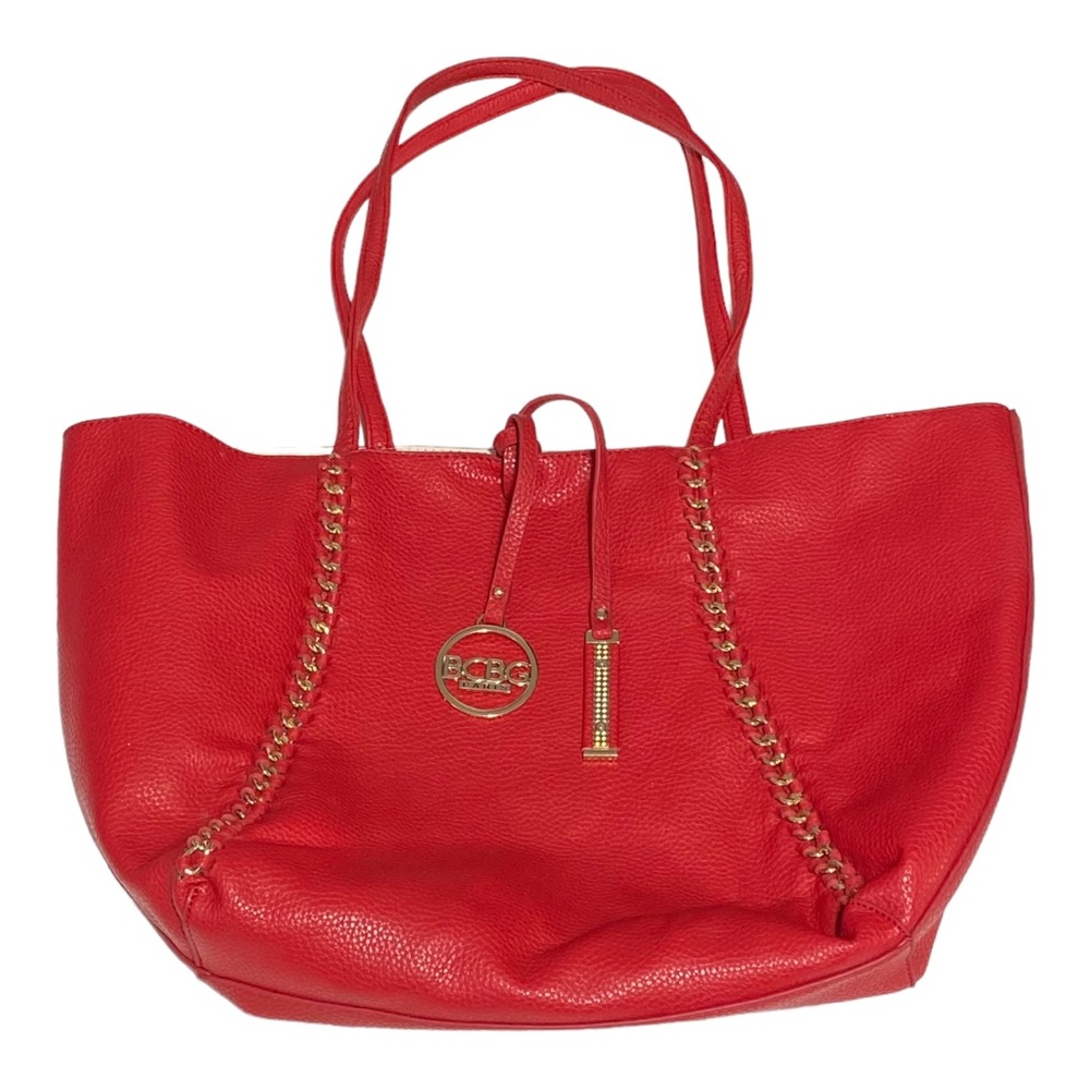 BCBG Paris Reversible Red/Beige Faux Leather Shoulder Tote Bag